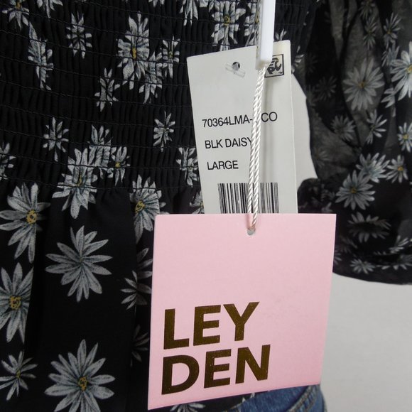 LEYDEN L New Black Daisy Print Cropped Top Stretch Bodice Long Sheer Sleeves - Picture 9 of 9